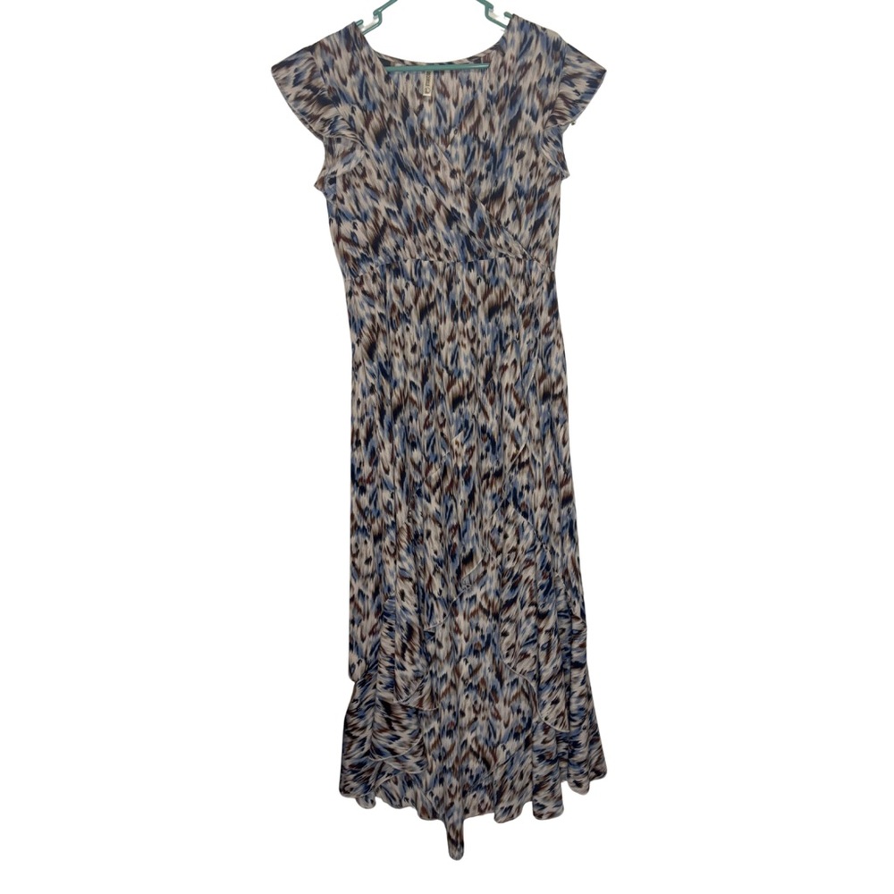 Grecerelle Patterned High-Low Maxi Dress with Cap Sleeves